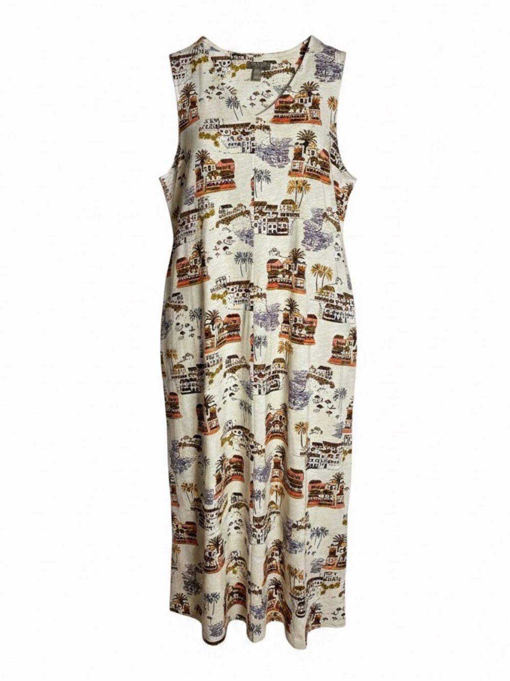 Naturals D&Co Novelty Beach Villa Print Sleeveless Midi Dress